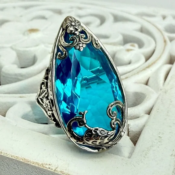 Bali Legacy Caribbean Quartz Peacock Ring 26.25ct Sterling Silver Size 9 NWT - Picture 3 of 17